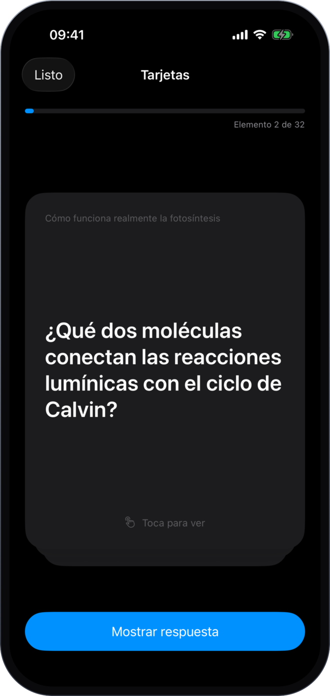 A Stubey flashcard session showing a question with tap to reveal