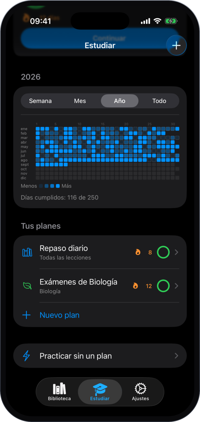 The study tab with a year heatmap, streaks and study plans per subject