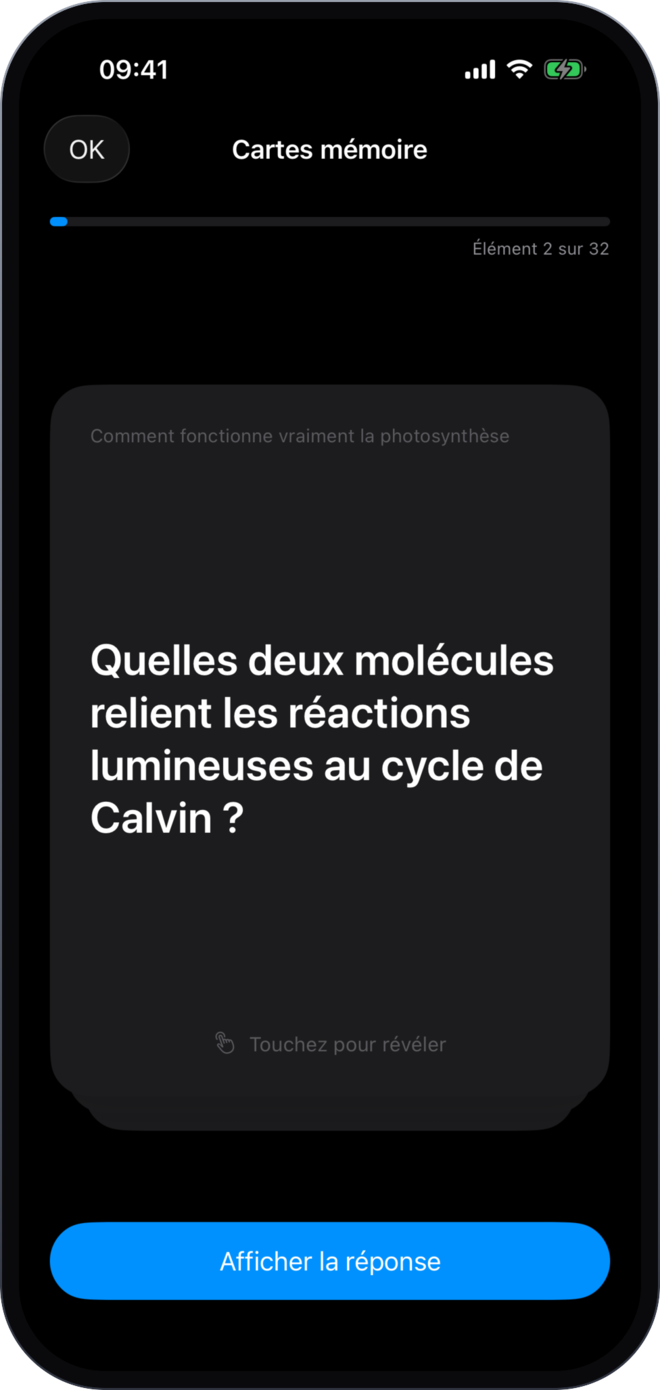 A Stubey flashcard session showing a question with tap to reveal