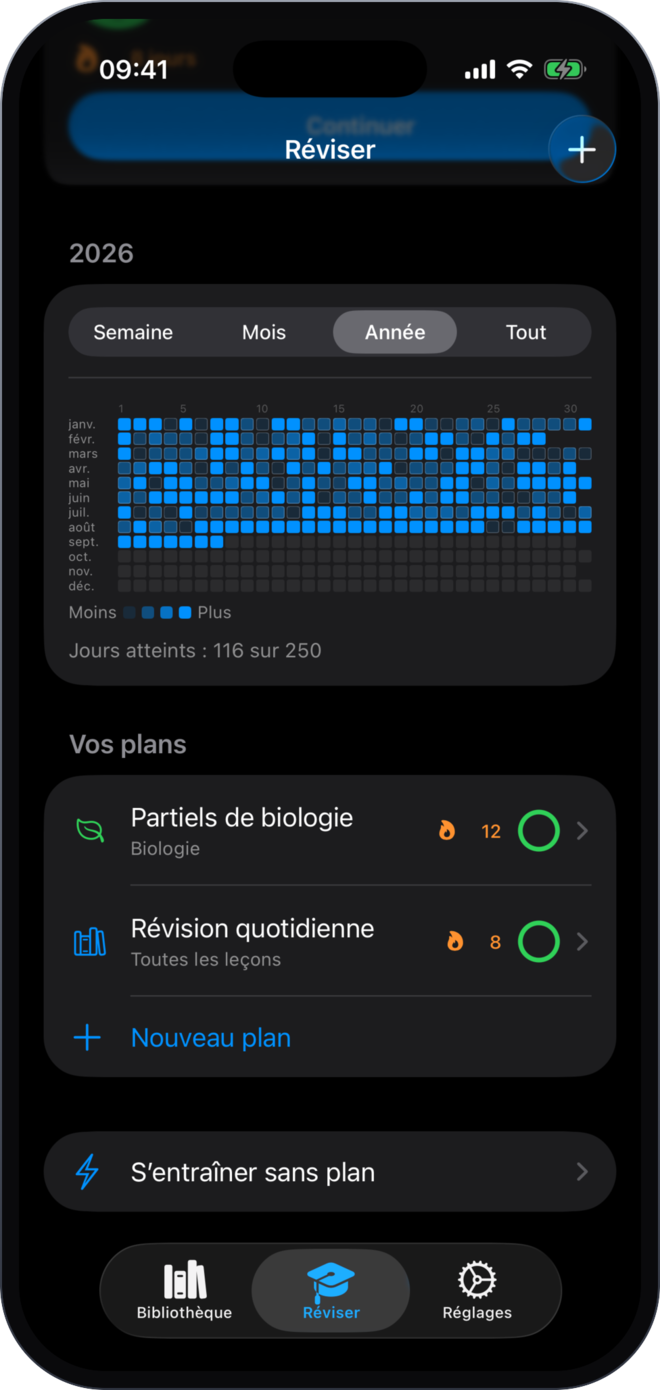 The study tab with a year heatmap, streaks and study plans per subject