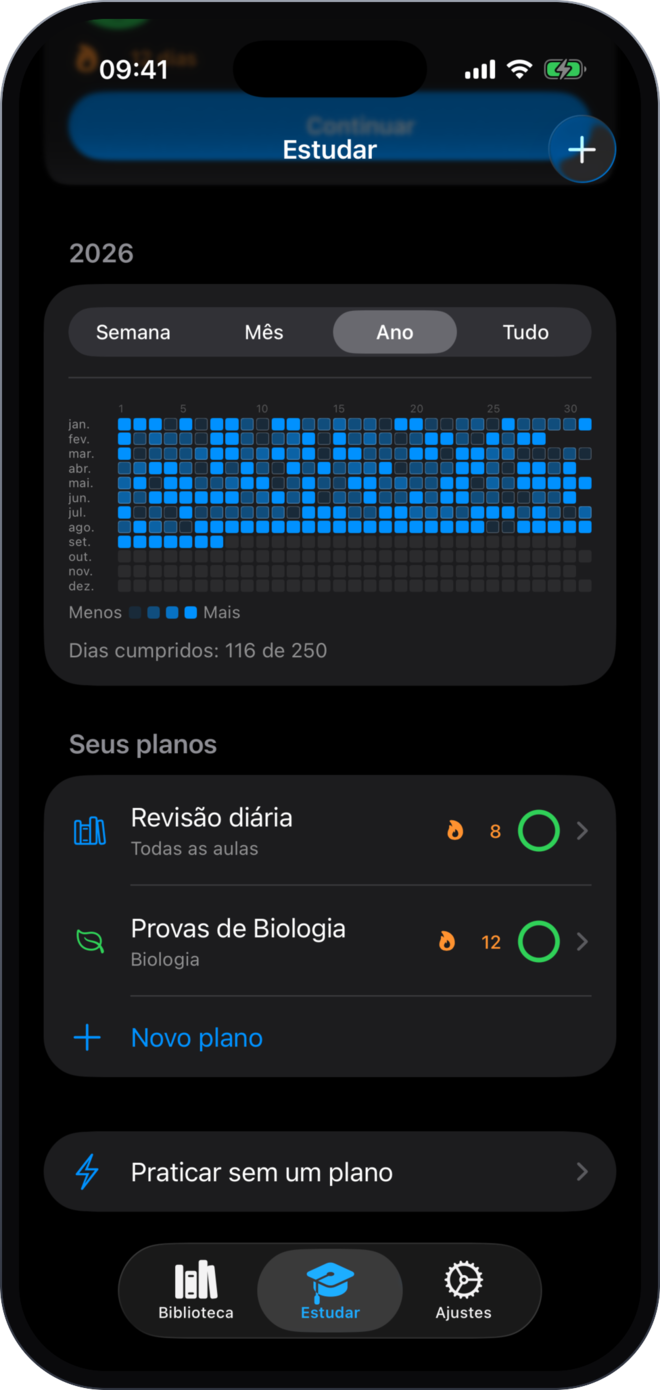 The study tab with a year heatmap, streaks and study plans per subject
